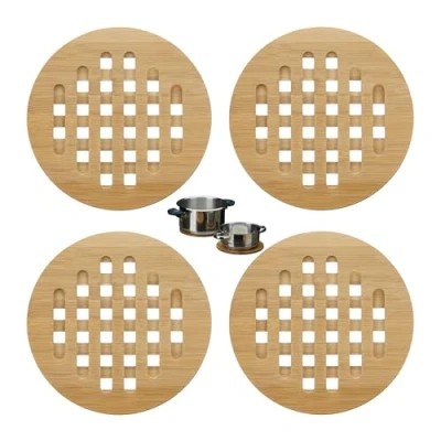 Image of Relaxdays Set of 4 Round Bamboo Pot Holders, Wooden, ca 20 cm Diameter, Natural