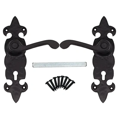 Image of EAI Black Antique Fleur De LYS Internal Lock Door Handle Pair + Fixings