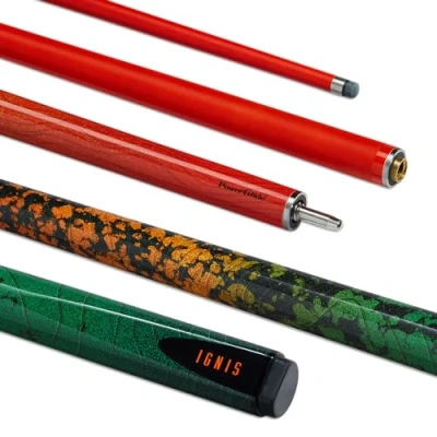 Image of PowerGlide Snooker Pool or Billiard Cue Ignis Carbon Fibre &amp; Fibreglass Ultra Smooth High Gloss Orange Green 2 Piece 50/50 Joint Full Size 57&quot; 10mm Tip Asstd Weights 18oz 19oz