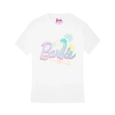 Image of Barbie Womens T Shirt White Pastel Palm Tree Beach Oversized Graphic Tee for Ladies Classic Logo Short Sleeved Retro Fashion Top Doll Casual Movie Merchandise Gift