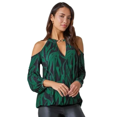 Image of Roman Womens Abstract Print Cold Shoulder Stretch Top Dark Green Size 10 UK