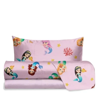 Image of hermet Jolly Mermaid Single Bed Sheet Set, 100% Cotton, Top + Fitted Pillowcase, Bedding Set with Nursery Design