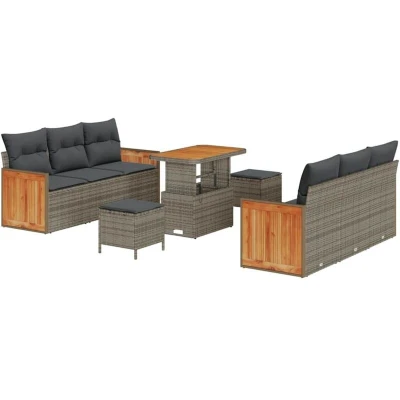 Image of vidaXL 9 Piece Garden Sofa Set with Cushions Grey Poly Rattan Acacia