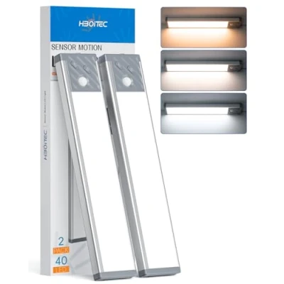 Image of HIBOITEC Closet Light Rechargeable 40 Led Under Cabinet Lights, Dimmable Motion Sensor Battery Cupboard Wireless Magnetic for Kitchen, Wardrobe, Drawer, 3 Color Temperatures, 22.5 cm