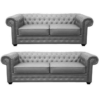 Image of Chesterfield Style Venus Sofa 3 Seater 2 Armchair Grey Faux Leather (3+2 Seater)