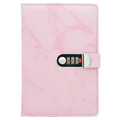 Image of NectaRoy PU Leather Cover Writing Notebook, Lockable Diary Lock Journal, Marble Pattern Wire Binding Lined Daily Travel Journal with Lock, Password Notepad Pen Holder, Size 218x150mm
