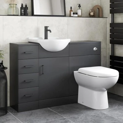 Image of Affine® 1165mm Toilet Vanity Unit Reversible Combination Bathroom Suite Furniture Set, Freestanding Drawer Cabinet, Wash Basin Sink, WC Pan, Seat &amp; Concealed Cistern, Matt Black