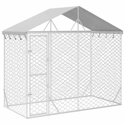 Image of vidaXL Outdoor Dog Kennel with Roof Spacious Silver Galvanised Steel Enclosure Lockable Door and Weatherproof 3x1.5x2.5m