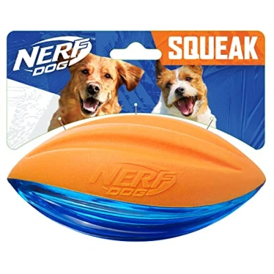Image of Nerf Dog Rubber Football Toy with Interactive Squeaker, Lightweight, Durable and Water Resistant, 6 Inches, for Medium/Large Breeds, Single Unit, Blue Orange