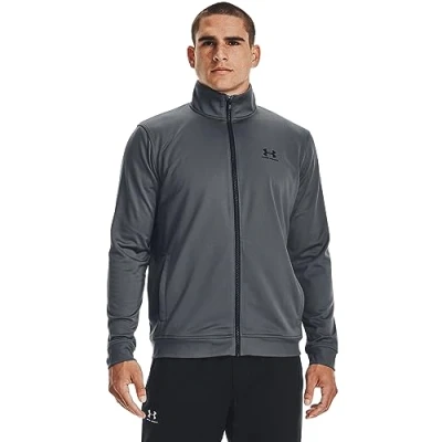 Image of Under Armour Sportstyle Tricot Jacket, Comfortable and warm fleece, quick drying running jacket with loose fit Men, Black (Pitch Gray / Black), M