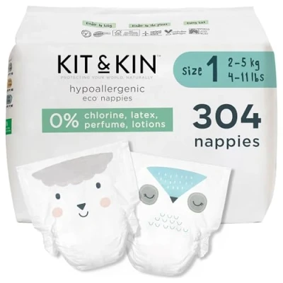 Image of Kit &amp; Kin Premium Eco Baby Nappies Size 1 Newborn 2 5 kgs / 4 11 lbs Pack of 304 Plant Based Hypoallergenic Superior Leak Protection Vegan Cruelty Free