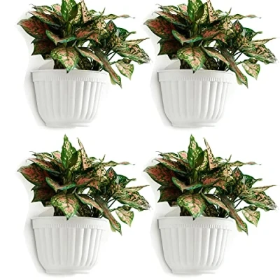 Image of 4 Pack Resin Wall Hanging Planter Pot Vertical Garden Living Mount Window Hang Indoor Outdoor Plant Flower Basket for Kitchen Herbs Balcony Railing Shelf Fence Bedroom Trellis Decor Modern White