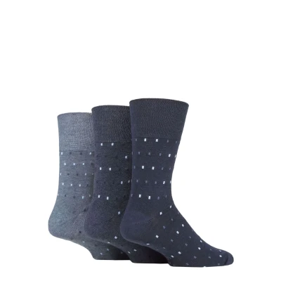 Image of Mens 3 Pair Gentle Grip Cotton Argyle Patterned and Striped Socks Micro Rectangle Navy / Denim 6 11
