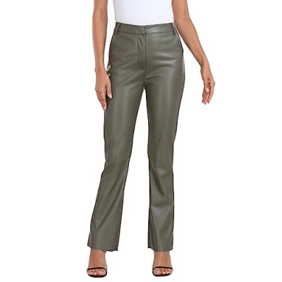 Image of HDE Women&#039;s Faux Leather Pants High Waisted Straight Leg Trousers with Pockets, Olive Green, XL