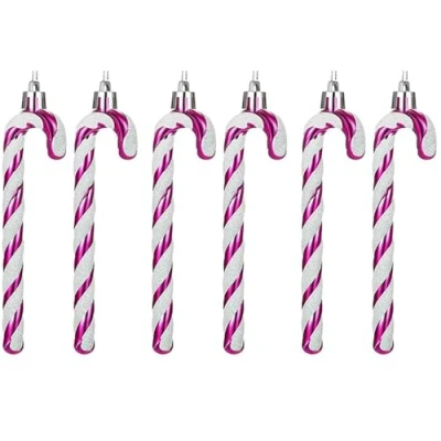 Image of 6 PCS 13cm Christmas Candy Canes Ornaments Plastic Glitter Cane Tree Hanging Baubles Decorations for Holiday Winter Home Party Favors, Rose Red + White