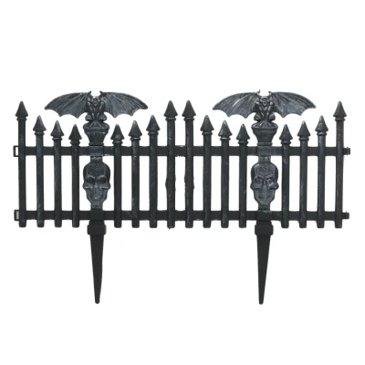 Image of Cackle &amp; Co Graveyard Fence Section Railings Decoration Bats Skulls Grey 48cm