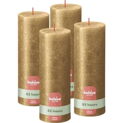 Image of Bolsius Rustic Pillar Candle Shimmer Gold Pack of 4 Long Burning Time 85 Hours Household Interior Decoration Unscented Includes Natural Vegan Wax No Palm Oil 19 x 7 cm