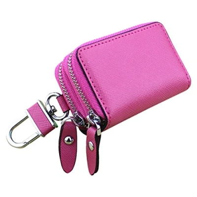 Image of Esdrem Unisex Genuine Leather Key Case Holder Double Zipper Car Keychain Wallet Coin Purse Hot Pink