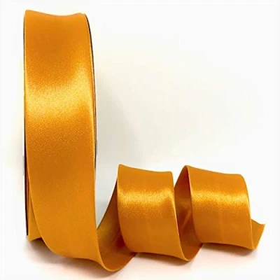 Image of Byetsa Gold 30mm Satin Bias Binding on a 2m Length (N.B. This is Cut from roll, Presented Bertie&#039;s Bows Ribbon Card)