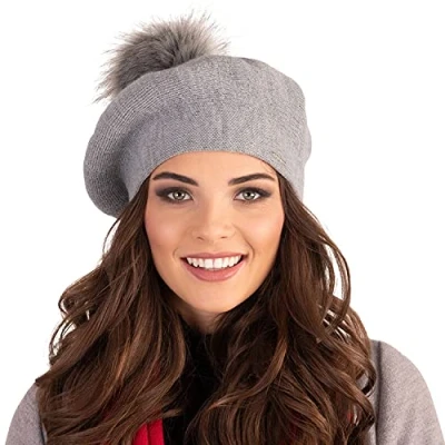 Image of Vivisence Winter Women&#039;s Elegant Beret with Classic Design Faux Fur Pompom for Ladies Warm Wool Blend Fabric Perfect Cold Days and Everyday Wear Autumn Winter, Grey,UNI