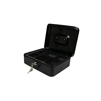 Image of Hyfive® Petty Cash Box 8&quot; 200mm Supplied With 2 Keys and Removable Change Tray, Perfect Secure Storage For Loose Change, Black Metal