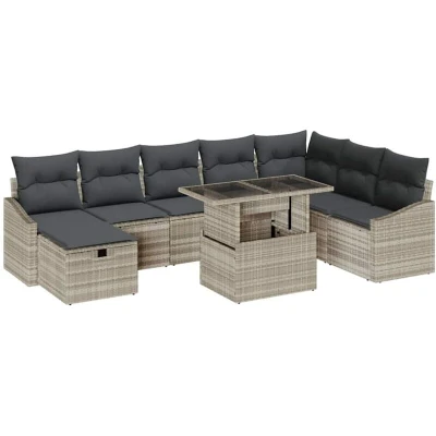 Image of vidaXL 9 Piece Garden Sofa Set with Cushions Light Grey Poly Rattan