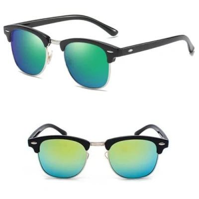 Image of Ziza Play Mens Sunglasses. Black &amp; Silver Frame. Mirror Lens. Half Rimmed Polarised Horn Sunglasses, Semi Rimless. Polarized Lens UV Protection.