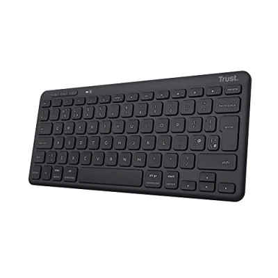 Image of Trust Lyra Multi Device Bluetooth Keyboard, QWERTY UK Layout, 85% Recycled Plastics, Rechargeable Battery, Compact Wireless Keyboard for PC, Laptop, Mac, Tablet, Windows, Android, iOS Black