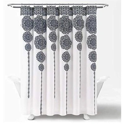 Image of Lush Decor Stripe Medallion Shower Curtain Fabric Mandala Bohemian Damask Print Design, 72&quot; x 72&quot;, Navy