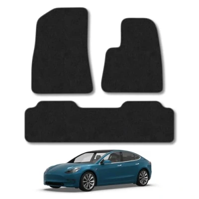 Image of Car Mats Compatible with Tesla Model 3 (2017+) Tailored Fit Red Trimmed Carpet Floor Mat Set Accessory Black Custom Fitted 4 Pieces Clips Anti Slip Backing &amp; Trim Edging
