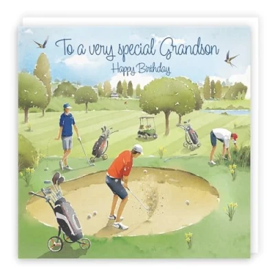Image of Hunts England Large Grandson Golfing Birthday Card Golf Milo&#039;s Gallery Fun Golfers For Boys Or Men Funny 210 x mm