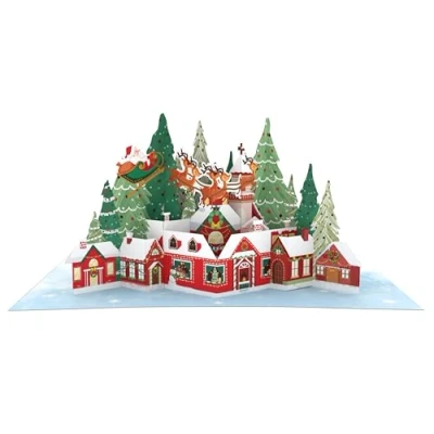 Image of Christmas 3D Pop Up Card Card, Handmade Greeting for New Year, Holiday Friends Family (Santa Flying Sleigh)