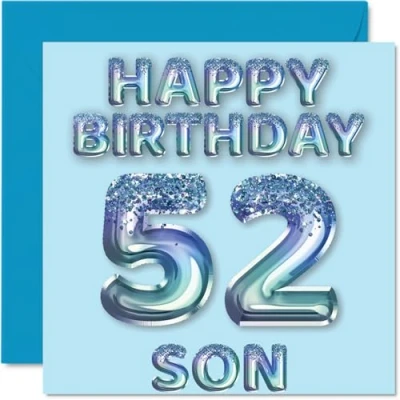Image of 52nd Birthday Card for Son Blue Glitter Party Balloons Happy Cards 52 Year Old from Mum Dad Parents, 145mm x Bday Greeting Gift