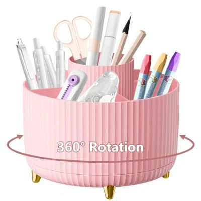 Image of Desk Organiser, 360Rotating Pen Holder Pot, Makeup Brush with 5 Compartments, Desktop Storage Stationery Supplies Organizer, Pencil Holders for Tidy Home, School, Office (Pink)
