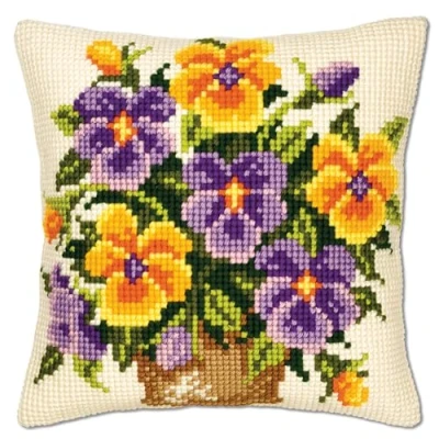 Image of Vervaco Yellow and Purple Pansies Cross Stitch Cushion, Multi Colour