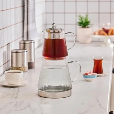 Image of Karaca Keops Borosilicate Glass Teapot with Infuser Transparent Tea Pot Turkish Maker for Loose Leaf, Herbal Kettle (1500 ml) &amp; Lid Removable Strainer (450