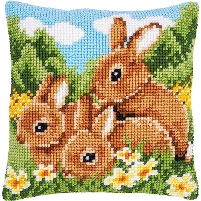 Image of Vervaco Cross Stitch Cushion Kit Rabbits, White, ca. 40 x cm