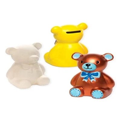 Image of Baker Ross AC800 Teddy Bear Piggy Bank Pack of 2, Ceramic Coin Tin for Kids to Paint, Decorate and Display, Teachers, Classrooms, or Children&#039;s Clubs