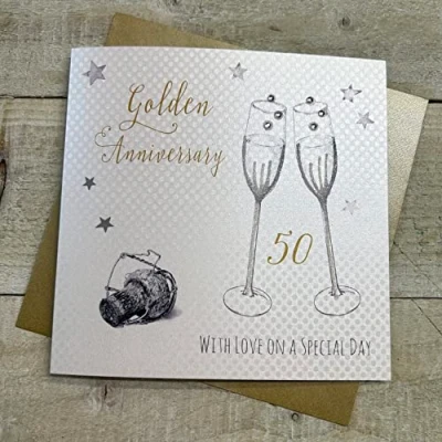 Image of White cotton cards WA50 Champagne Glass Golden Anniversary Card Handmade 50th Card,