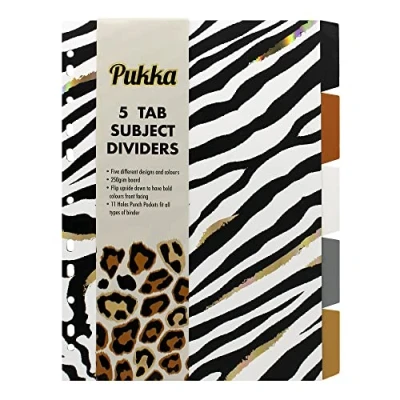 Image of Pukka Pad, Wild A4 5 Part Divider, Set of Reversible Subject Dividers with Animal Prints and Bold Colours on Reverse 11 Hole Punch Design 250GSM Board
