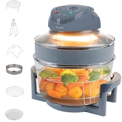 Image of Crystals Halogen Oven Air Fryer, Oil free Meals With Our Manual Ideal For Baking, Roasting, Grilling Variety Of Dishes, Includes Accessorie Pack, 60 Minute Timer &amp; Extender Ring 17L/1400W