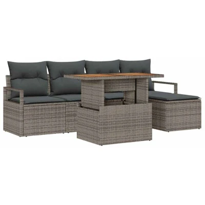 Image of Vidaxl 6 Piece Garden Sofa Set with Cushions Grey Poly Rattan