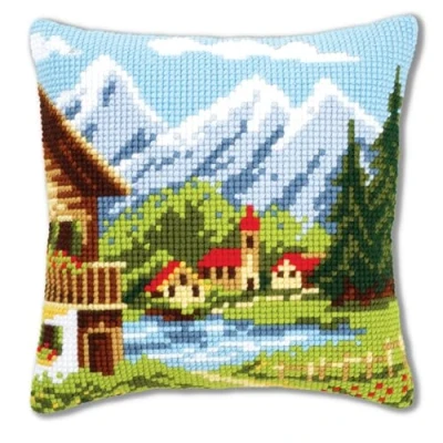Image of Vervaco Alpine Village I Cross Stitch Cushion, Multi Colour