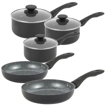 Image of Progress COMBO 8965 Marble Ceramic Pan Set 5 Piece 20/24 cm Frying Pans, 16/18/20 Saucepans, Healthy Non Stick Coating, PFAS Free, Induction Hob Suitable, Lightweight Aluminium Cookware