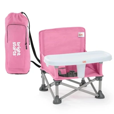 Image of Bright Starts Pop &#039;N Sit Portable Booster, Indoor/Outdoor Use, Floor Seat with Feeding Tray, Pink, 6 Mos 3 Yrs