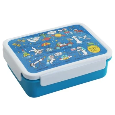Image of Tyrrell Katz Kids Space Printed Large Bento Lunch Box in Green Children&#039;s Food Container with Clip Lock Lid and Removable Inner Dividers 18.5 x 14.5 6.0 cm