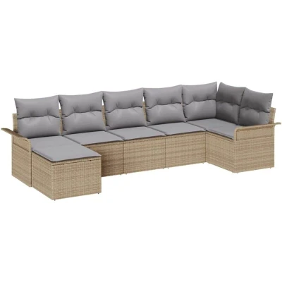 Image of vidaXL 7 Piece Garden Sofa Set with Cushions Beige Poly Rattan