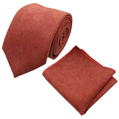 Image of DB Dickie Bow Men&#039;s Luxury Cotton Blend Skinny Neck Tie &amp; Pocket Square Set (Rust Burnt Orange) suitable for formalwear, office, weddings, parties, grooms groomsmen outfits