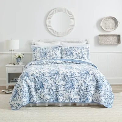 Image of Laura Ashley Home Reversible Cotton Bedding with Matching Shams, Lightweight Decor for All Seasons, Bedford Delft Blue, Queen