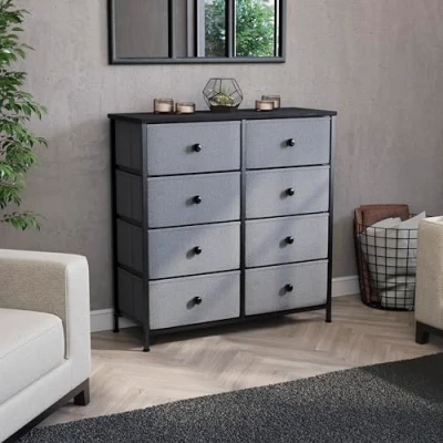 Image of Vida Designs Chorley Chest of Drawers with Sturdy Metal Frame, Wood Top, and Fabric Drawers, Easy to Assemble Versatile Storage Unit for Bedroom, Living Room, or Nursery (Grey &amp; Black, 8 Drawer)